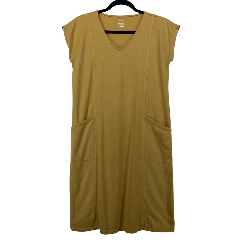 Pure Jill XS Easy Knit Two-Pocket Dress Mustard Yellow Cotton V-Neck Shift Women